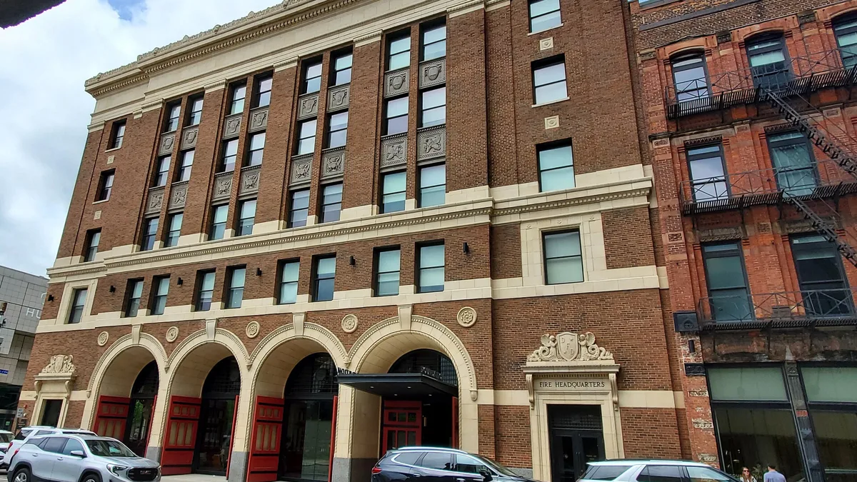 Brick facade of the former Detroit Fire Department headquarters building